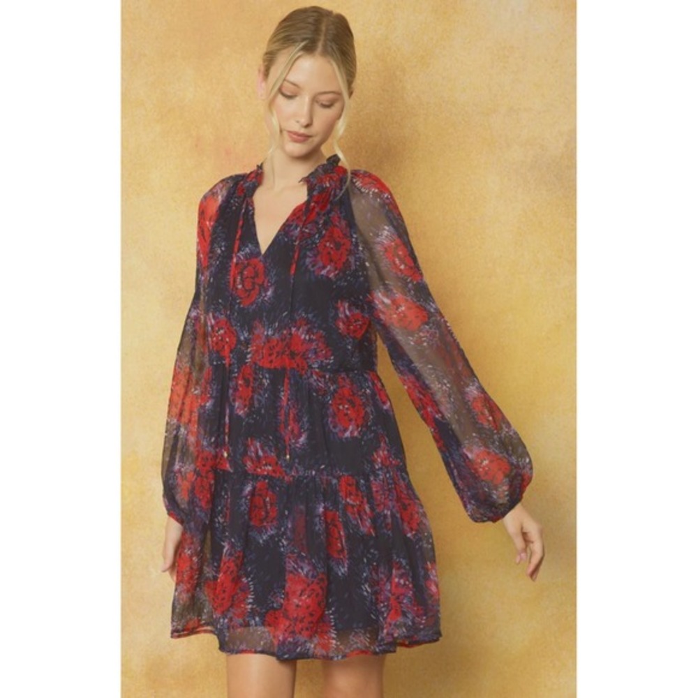 NWT Entro Womens Dress S Babydoll Peasant Red Black Floral Tiered Balloon Sleeve